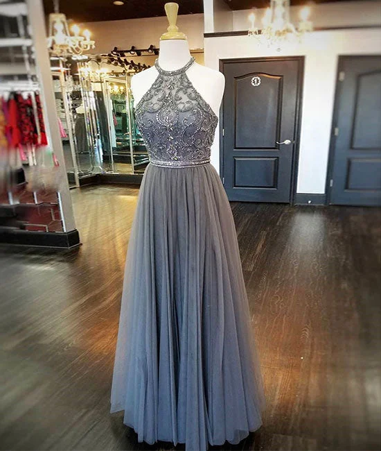 Retro Design Gray high neck tulle beads long prom dress, gray evening dress