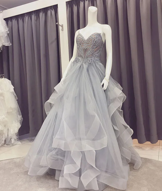 Windbreaker fashion Gray lace tulle long prom dress, sweetheart neck evening dress