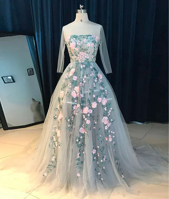 Innovative Design Gray tulle lace applique long prom dress, gray evening dress