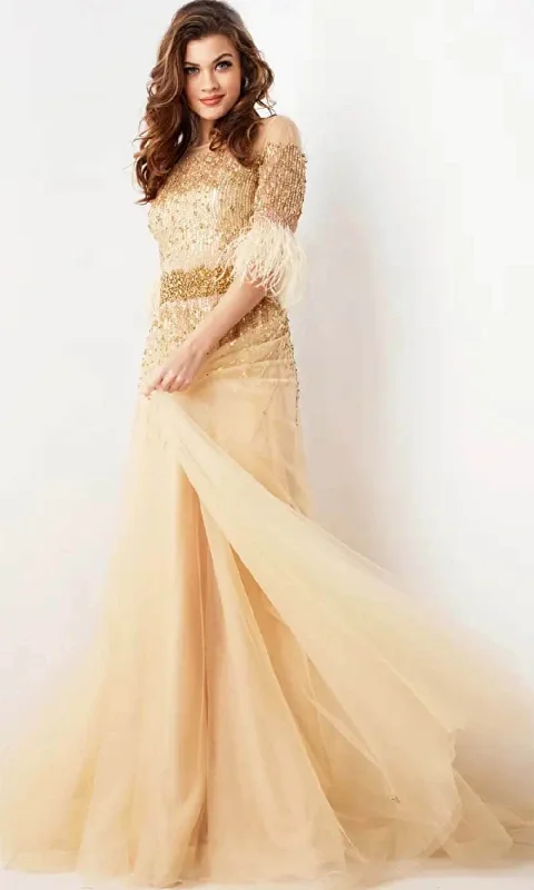 Street Vertical And Horizontal Design Jovani 23629 - Sequin Embellished Short Sleeve Prom Gown