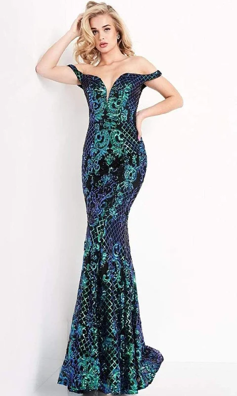 Comfortable down JVN by Jovani - JVN04515 Plunging Off Shoulder Neckline Embellished Gown