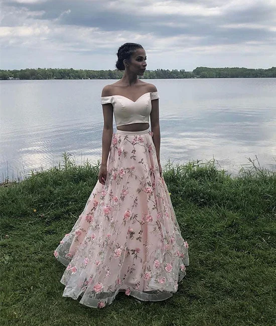 Multi-functional style Pink 3d applique tulle long prom dress, pink evening dress