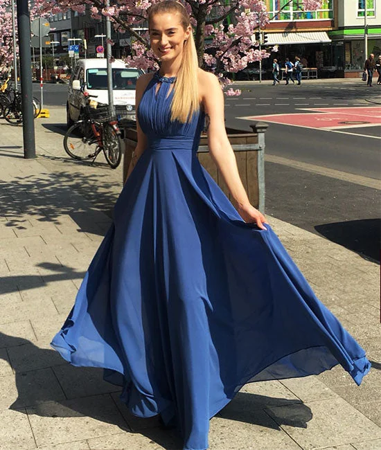 Street Letter Style Simple blue chiffon long prom dress, blue evening dress