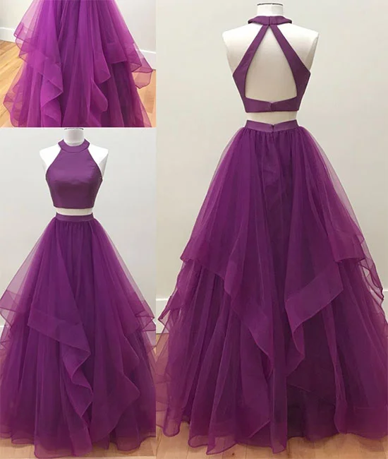 Cool Style Simple two pieces tulle long prom dress, tulle evening dress