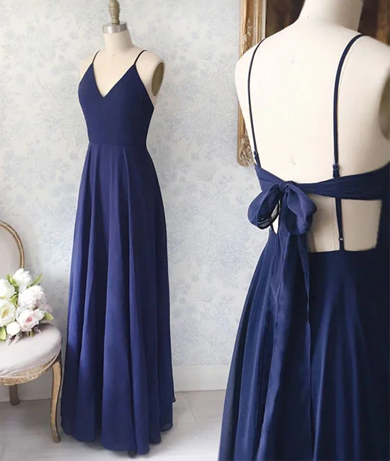 Street Style Simple v neck blue long prom dress, blue evening dress