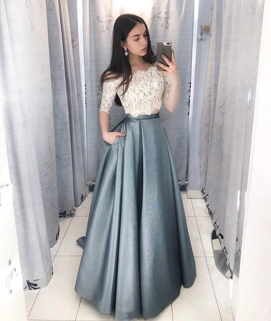 Moisture wicking Unique lace two pieces long prom dress, lace evening dress