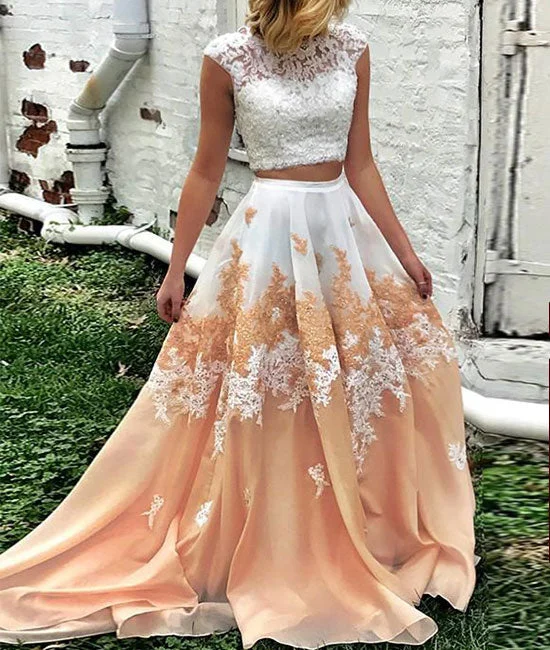 Sports Zipper Style Unique two pieces long prom dress, lace long prom dress