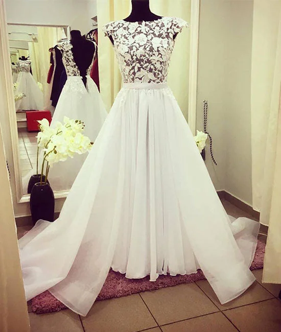 Slim Fit White round neck lace long prom dress, white evening dress