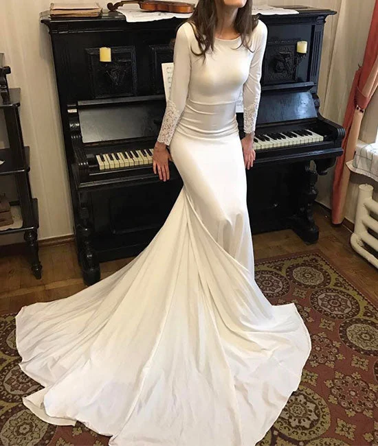 Trendy Traveler White round neck satin mermaid long prom dress, white evening dress