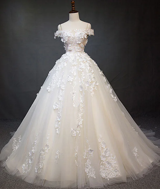 Sports Fitness Wear White tulle lace applique long prom dress, white lace wedding dress