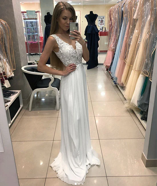 Retro Woolen Jacket White v neck chiffon lace long prom dress, lace evening dress