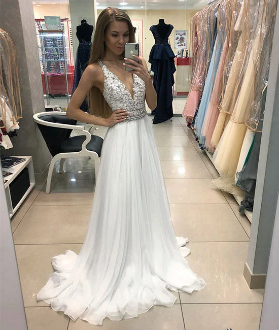 Noble Temperament White v neck chiffon lace long prom dress, white evening dress