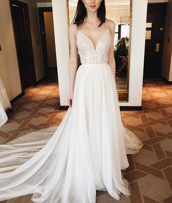 Sports Vitality Style White v neck chiffon sequin beads long prom dress, white evening dress