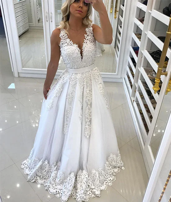Sports suit style White v neck tulle lace applique long prom dress, white evening dress