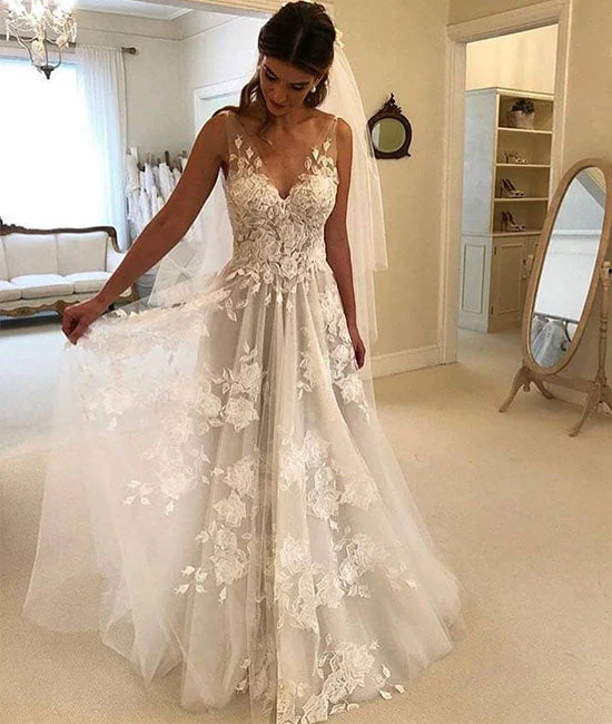 Hip-hop Style White v neck tulle lace applique long prom dress, white evening dress
