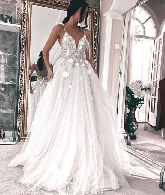 Unique prints White v neck tulle long prom dress, white evening dress