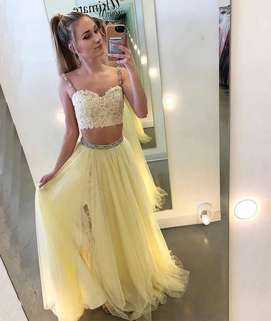 Street Fashion Style Yellow two pieces lace tulle long prom dress, yellow evening dress